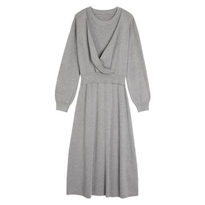 灰色绵羊毛假两件长袖连衣裙ELLE