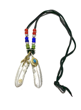 WANGWANG925纯银双绿松石点金鹰抓羽毛吊坠鹿皮绳潮流奢华银项链