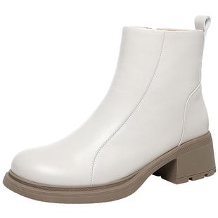 骆驼鞋子女2025新款爆款冬季真皮瘦瘦靴子女粗跟弹力切尔西靴短靴