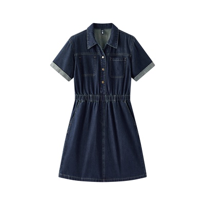森马收腰翻领工装风牛仔连衣裙女