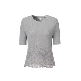 VGRASS维格娜丝夏季针织衫蕾丝花片下摆罗纹收腰针织T恤灰色短袖