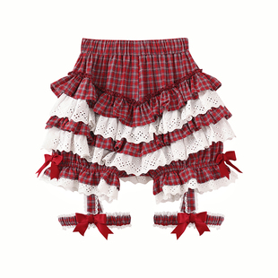MEME原创 日系昭和复古外穿南瓜裤  Lolita古早红格子蛋糕裙短裤