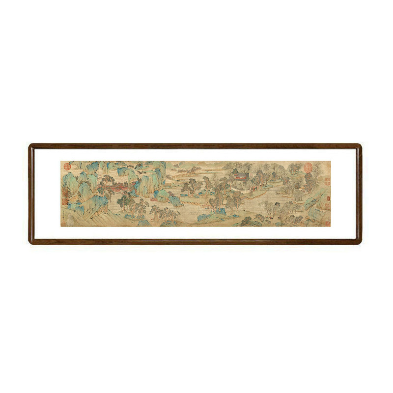 仇英春游图青绿山水挂画已装裱有框客厅背景墙装饰画茶室复古字画