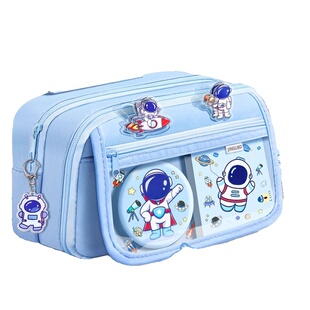 笔袋大容量高颜值ins风小学生铅笔盒儿童女孩文具盒多层收纳袋翻盖铅笔袋2025宇航员帆布玩偶毛绒蓝色开学