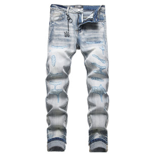 美式破洞牛仔裤男高街补丁裤子高端修身型小脚乞丐休闲长裤子百搭