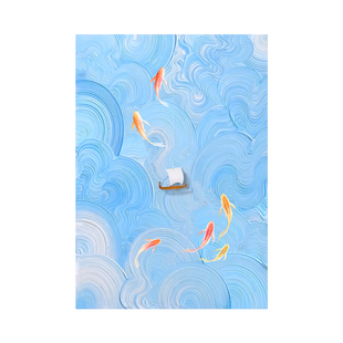 蓝色海锦鲤客厅装饰画浪九鱼图入户玄关抽象高级感无框画肌理挂画