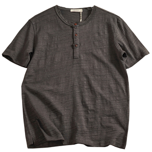 美式复古亨利领扣领短袖T恤衫男做旧水洗竹节纱纯色简约硬汉打底T