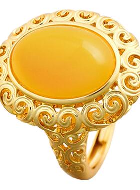 高级感轻奢古法镀金仿蜜蜡新中式复古祥云如意花丝镂空蛋面戒指指