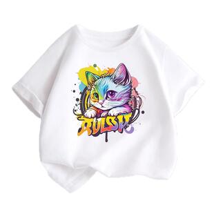 儿童短袖T恤卡通小猫图案女童夏装纯棉半袖男童宝宝白色上衣t童装