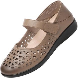 老人凉鞋真皮防滑舒适女妈妈夏季平底镂空中老年软底老太太皮鞋子