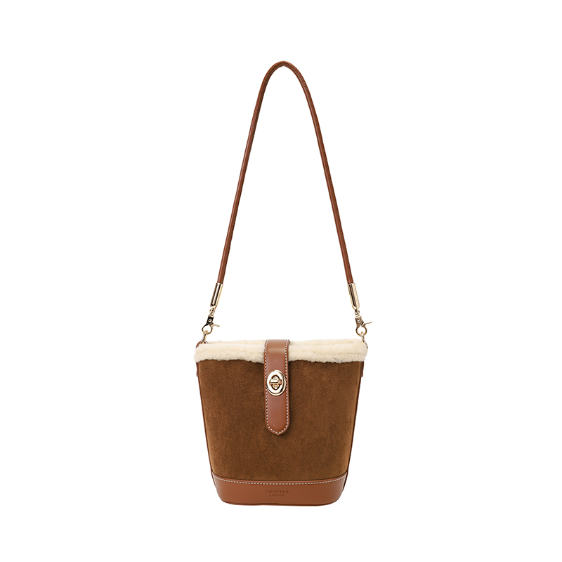 南风Chio2nd 真羊毛暖手栗棕水桶包包女秋冬麂皮毛绒包单肩斜挎包