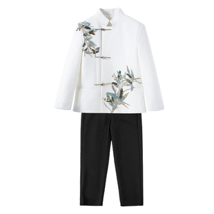 罗蒙儿童西装套装男童白色中山装小主持人国风唐装男孩钢琴演出服