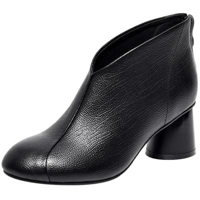 2025新款复古女鞋圆头粗跟高跟鞋小短靴及踝靴春秋单靴中跟真皮鞋