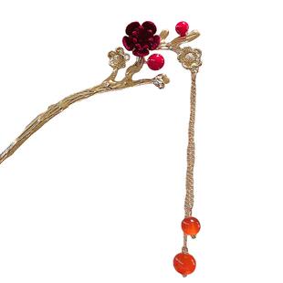 新年红色发簪女古风新中式发钗簪子结婚新娘发饰汉服马面裙的头饰