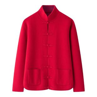 中国红中式立领盘扣国风~双提加厚羊绒女开衫中老年宽松外套毛衣