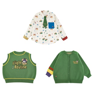 幼悠男童2026春秋新款长袖翻领衬衫无袖马甲纯棉毛衣小熊飞机套装