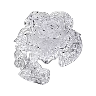 银手镯女纯银开口宽面S990原创手工银饰玫瑰花手镯个性时尚黄飞达