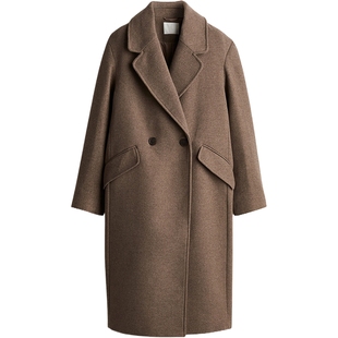 HM女装毛呢外套冬季双排扣平驳领纽扣前襟大衣1170404