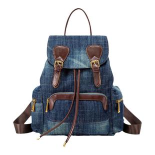 牛仔布双肩包女2024新款时尚百搭旅行背英伦风复古休闲学生书包
