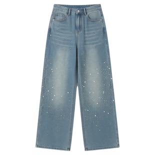 欧货烫钻亮闪闪加绒牛仔裤女2025新款韩版时尚重工高级感阔腿长裤