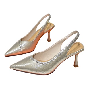 丹行道珍珠白水钻气质尖头高跟鞋女2026新款性感细跟后空包头凉鞋