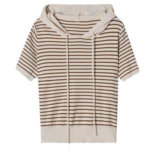 连帽条纹短袖t恤女短款修身 夏季薄款冰丝针织衫百搭带帽高腰上衣