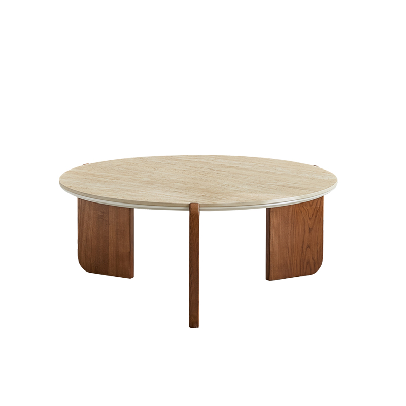 吉诺威 洞石岩板圆茶几小户型设计师高级感实木客厅诧寂风小茶桌