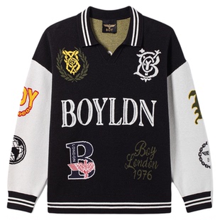 BOYLONDON美式潮流翻领棒球运动毛衣POLO领男女针织套头衫N60910