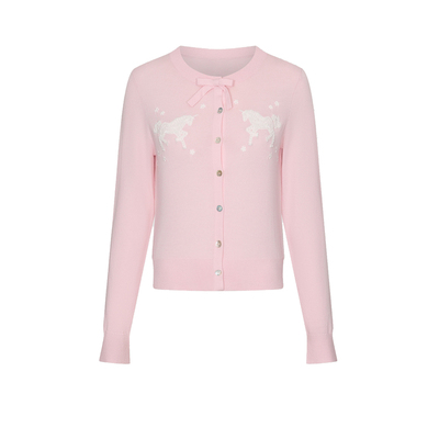 UR&DC2026春季新款都市甜美减龄粉彩印花钉珠长袖针织开衫女上衣