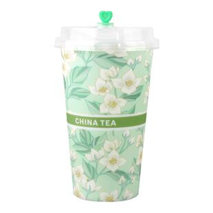 茉莉花膜内贴奶茶店专用注塑700ml奶茶杯子一次性带盖商用定制