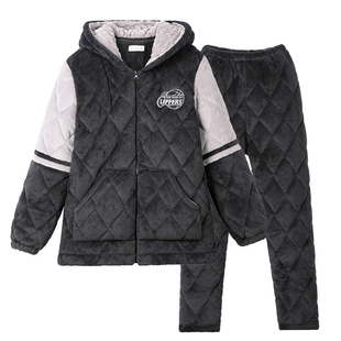 冬季睡衣男士加绒加厚三层夹棉保暖抗寒珊瑚绒青少年家居服可外穿