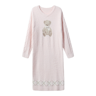 tutuanna秋冬半边绒睡衣女 小熊格子提花加厚长款睡裙家居服女