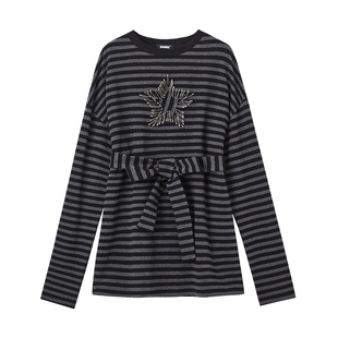 YUKAHOUSE 星星条纹长袖T恤宽松黑灰美式朋克vintage风女春夏季款