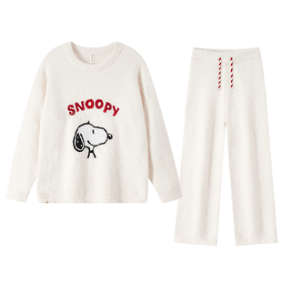 史努比冬季半边绒睡衣女款套头秋冬长袖珊瑚绒家居服加绒加厚冬天