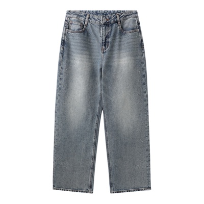 长绒棉烫钻高腰直筒牛仔裤