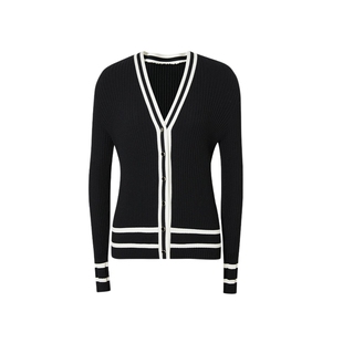 艾诺丝雅诗春新款时尚撞色条纹修身毛衫V领针织衫女20218118