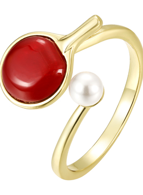 KITSH乒乓球戒指红玛瑙珍珠指环