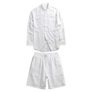 老钱风亚麻天丝衬衫套装男士秋季新款藏青色休闲时尚长袖衬衣外套