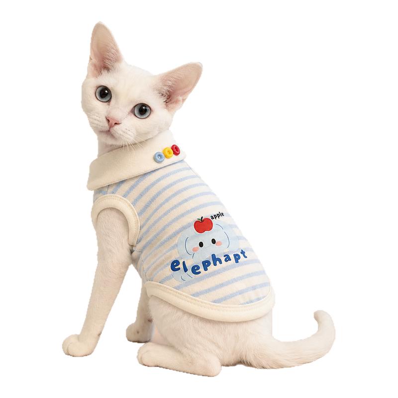 夏季薄款无毛猫蓝白条纹背心