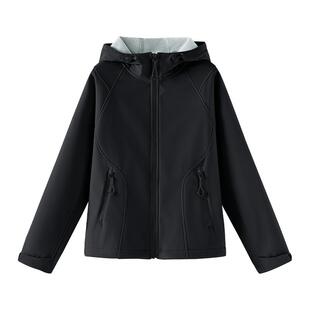 班尼路黑色连帽夹克女早秋先看防风防水加绒保暖亲肤冲锋衣外套Q