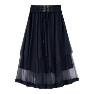 PIT复古藏青色优雅高腰A字半身裙女2025年早秋新款中长款气质裙子