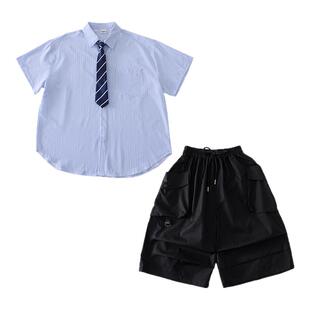 少儿街舞嘻哈爵士舞男女童hiphop演出服短袖蓝色条纹衬衫学院风酷