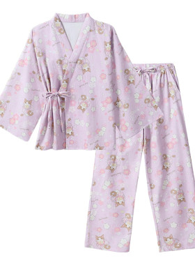 tutuanna秋冬全棉睡衣女 磨毛卡罗与希尔满印长袖甚平家居服套装