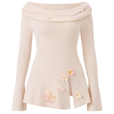 MAXRIENY精致优雅感套头针织衫浅春系穿搭一字领修身显瘦长袖上衣