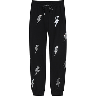 TCH潮牌轻奢大C闪电烫钻黑色酷帅卫裤商场同款T66B206112