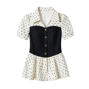 织物猪 奶油慕斯 miu系千金风波点衬衫春季穿搭收腰显瘦撞色上衣