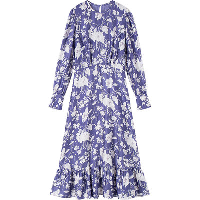 【闫妮同款】lkbennett紫色山茶花印花连衣裙新款桑蚕丝高级感