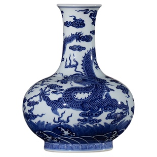宁封窑手绘仿古花瓶景德镇陶瓷客厅插花家居摆件青花苍龙教子赏瓶