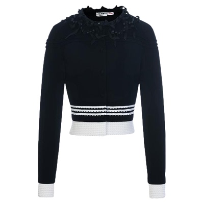 lefame拉飞姆2026早春新款黑白撞色拼接蝴蝶结织带饰边针织开衫