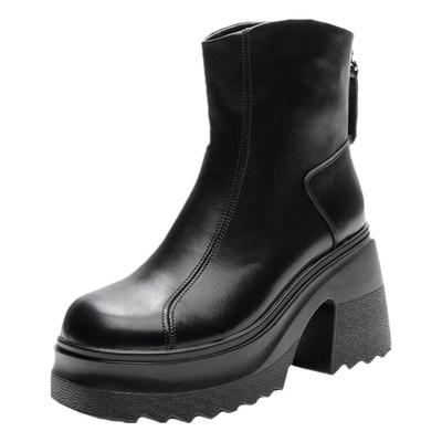 厚底增高11CM真皮拉链粗跟短靴子